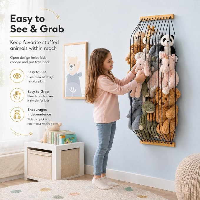Stuffed Animal Storage Wood Soft Toy Organizer for Kids Room，Cute and Durable Wall or Door Mount Length Adjustable Hanging Stuffed Animal Toy Organizer Shelf for Nursery Play Room Black -Patent