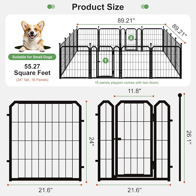 Outdoor Dog Playpen, 24 Inch 16 Panels Pet Fence, Black | 2 Doors for Easy Access, Adjustable and Expandable Design, Pet-Safe Edges and Secure Lock, Rust-Resistant, Yard and Home Use