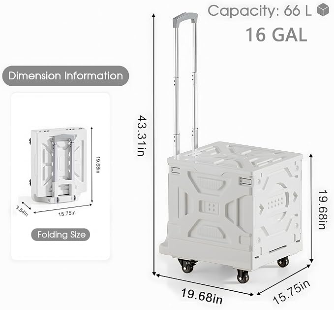 VECELO 66L Heavy-Duty 2-in-1 Foldable Utility Cart, Large Capacity Rolling Crate, Thickened Material with Silent Swivel Wheels, Dual Modes (Basket/Flatbed) for Grocery, Laundry, Camping, White