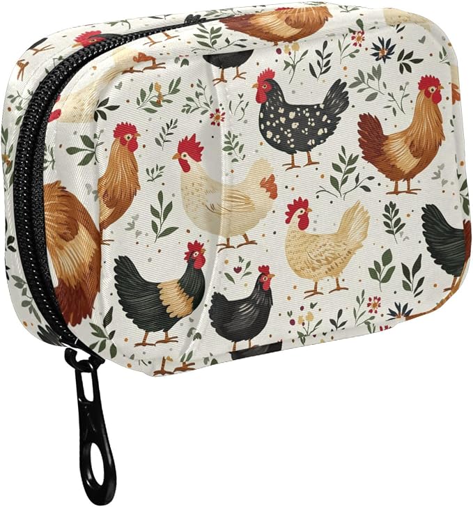 Fustylead Vintage Farm Chicken Rooster Hen Travel Pill Case Bag with Zipper Weekly Pill Box 8 Compartments 7 Day Personal Pill Case Purse Medicine Case Organizer