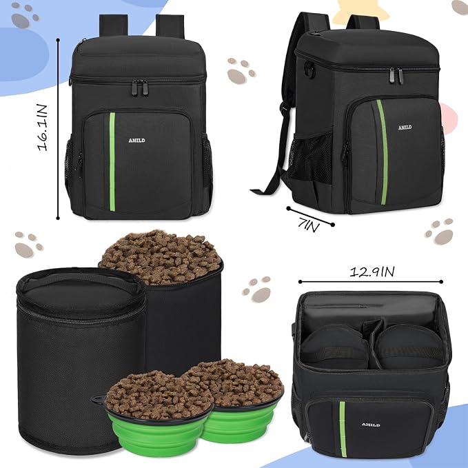 ANILD Dog Travel Bag Backpack, Flight-Ready TSA-Approved Dog Travel Bag with 2 Leak-Proof Food Canisters, 2 Foldable Silicone Bowls, Multi-Compartment Organizer for Hiking, Camping, Dog Mom Essentials