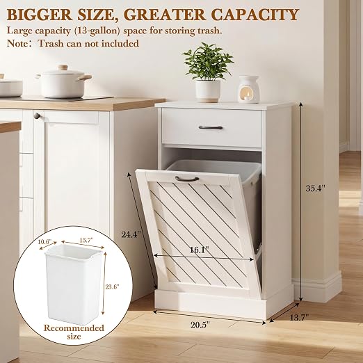 njnj 13 Gallons White Tilt Out Trash Cabinet, Kitchen Hidden Trash Bin Cabinet Wood Garbage Recycling Cabinet with Hideaway Drawer, Pet Proof Freestanding Trash Bin for Kitchen Living Room
