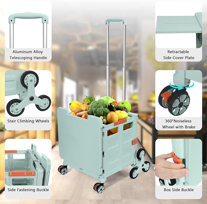 Foldable Utility Cart Collapsible Portable Crate Rolling Carts with Stair Climbing Wheels Tote Basket with Magnetic Lid Telescopic Cover Wear-Resistant 360°Rotate Wheel Noiseless for Shopping Office