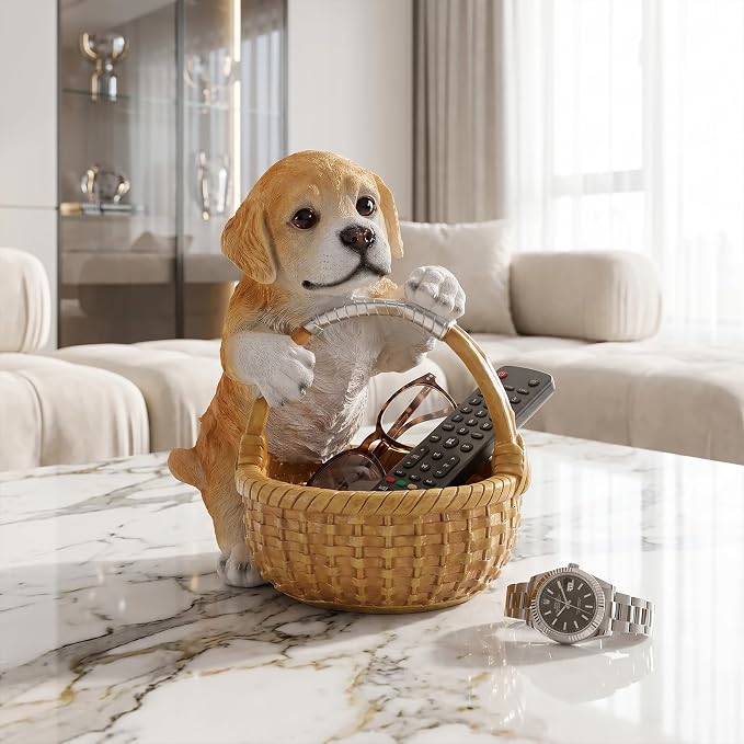 Cute Golden Retriever Candy Bowl, Resin Dog Figurine Key Bowl for Entryway Table, Desktop Storage Basket Organizer for Desk, Unique Dog Lover Gift