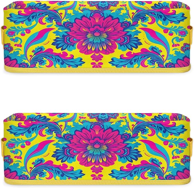 Bright Floral Ethnic Style Bathroom Storage Basket, Foldable with Handle Open Countertop Paper Towel Decorative Box, Toilet Tank Top Shelf Baskets for Home Closet Bedroom Living Room Office