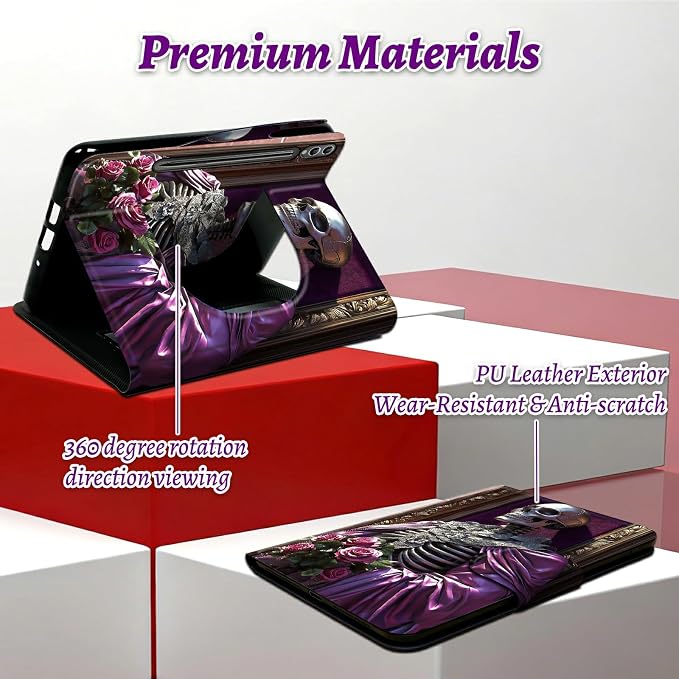 Rotating Handle Case for Samsung Galaxy Tab S10 Plus 2024/S9 FE+/S9 Plus 12.4 Inch 2023, 360 Degree Swivel Kickstand with Magnetic Closure Leather Protective Cover, Purple Clothes Skull