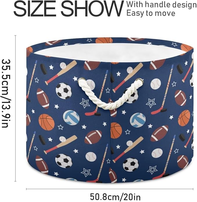 Sport Ball Print Collapsible Round Storage Basket with Handles | Baseball Basketball Large Laundry Baskets Hamper, Organizer Bin for Nursery Bedroom Living Room Decor, 20x 20x 14 Inches