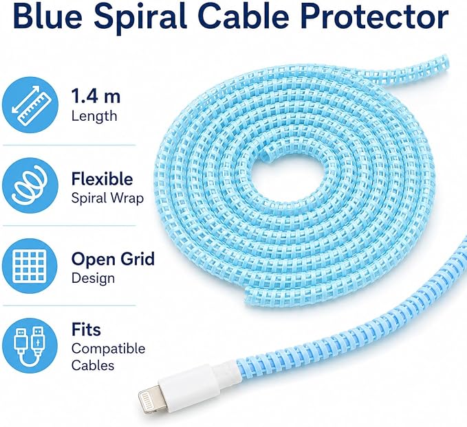 Blue Spiral Cable Protector, Chargers Cable Protector Data Cable Protect Sleeve, Earphone Data Cable Pet Chew 1.5m