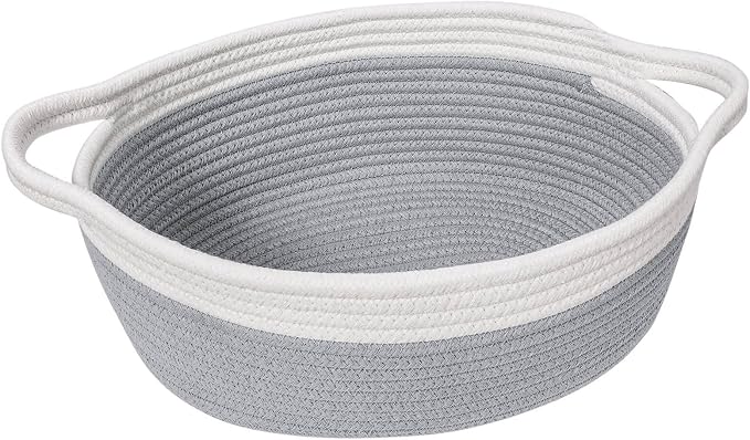 Goodpick Small Woven Rope Gift Basket Empty, 12"x 8"x 5" Boo Basket, Grey | Baby Basket for Baby Showers Toys, Fits Living Room Nursery Bedroom Organization, Dog Toy Storage, with Durable Handles