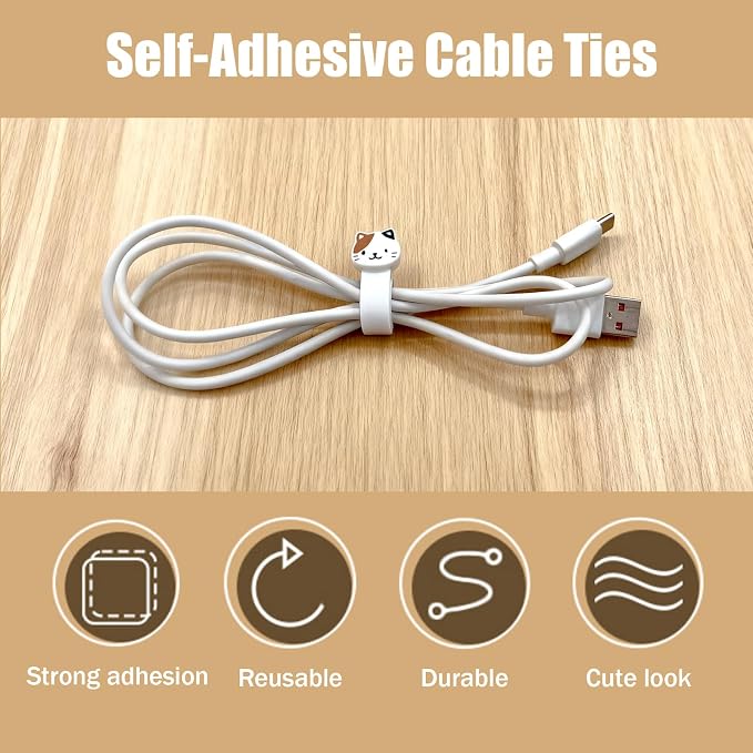 INCREWAY 12PCS Cord Ties, Charger Cable Strap Ties, Adhesive Cable Management Clips with Double-Sided Cat Design Self-Stick Cord Organizer for Desk and Home Wire Management