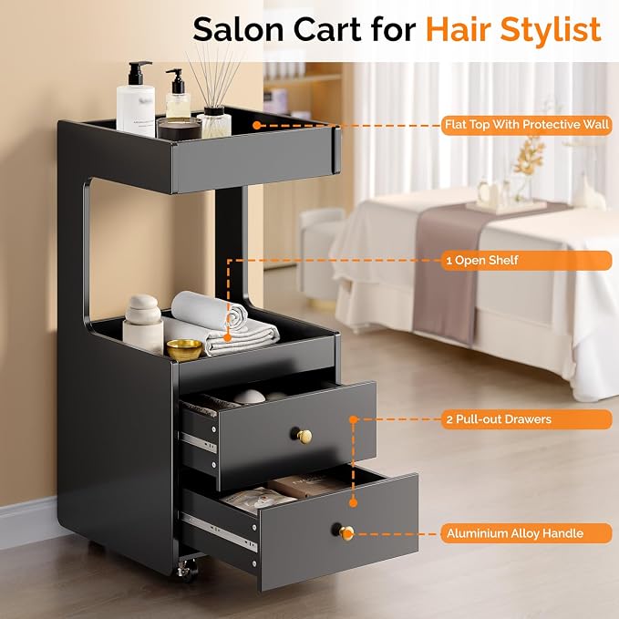 OmySalon Salon Trolley Cart, Esthetician Cart with Wheels, Hair Styling Station with 2 Drawers, 1 Open Shelf, Mobile Storage Cabinet Utility Trolley for Beauty Salon Spa, Black