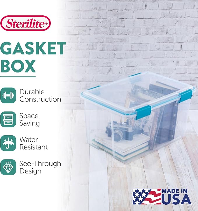 Sterilite Gasket Storage Box with Lids for Home & Office, 54 Quart, 12-Pack | Heavy-Duty, Stackable, and Organizing Containers for Bathroom, Cabinet, Closet, and Garage, Clear and Blue Aquarium Latches