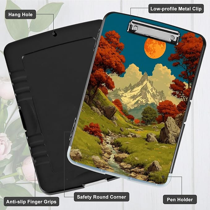 A4 Clipboard with Storage Pen Holder, Clipboards Organizer Nursing Clipboard Foldable File Folder Plastic Clipboard Folio Clip Board for Office Classroom Doctor, Snow Mountain Moon Brook