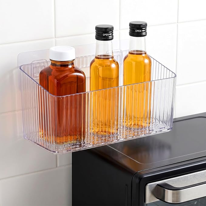 6 Pack Cabinet Organizer, Bathroom Cabinet Door Organizer with Adhesive Hooks, Clear Stackable Inside Cabinets Door Storage Bins, Wall Mounted Acrylic Shower Shelves for Kitchen, Pantry, Office, RV
