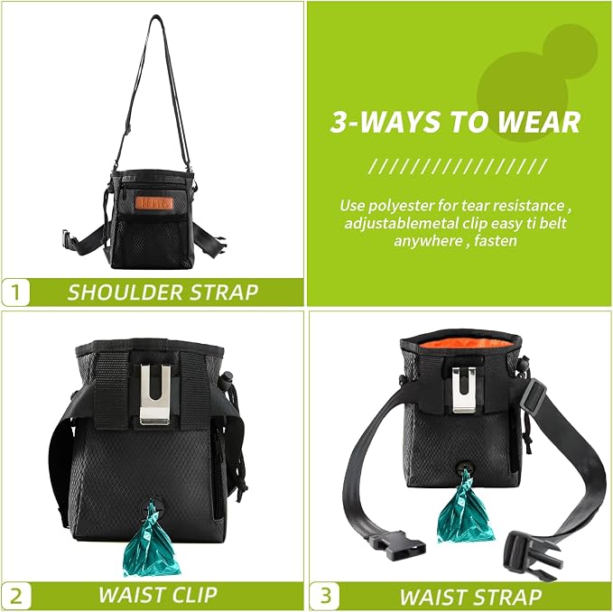 Dog Treat Training Pouch with Built-in Poop Bag Dispenser, Black | Easily Carries Pet Toys, Kibble, Treats, 3 Ways to Wear, Foldable Silicone Bowl, Quick One-Hand Access for Dog Walks & Hiking