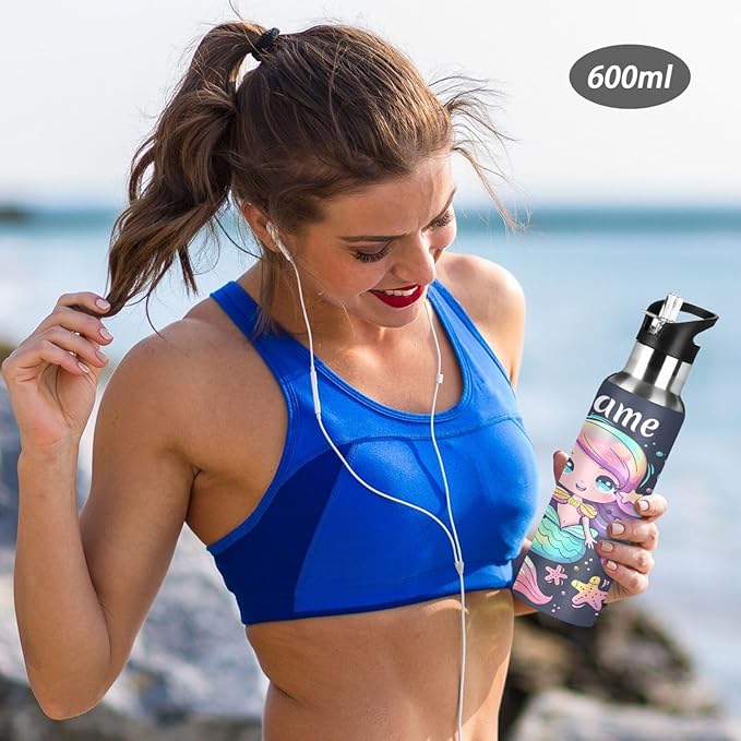 Custom Name Cute Mermaid Water Bottle with Straw Lid Kids Insulated Stainless Steel Water Flask Sports, 20 Oz Hot Cold