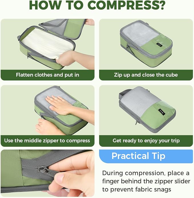 BAGAIL Lightweight Compression Packing Cubes for Travel, 6 Set,Matcha Green | Salis Nylon Fabric,Anti-Tearing,Save Space,SBS Zippers,Packing List,PVC Tag Pocket,Custom Labels,Visible Mesh,Portable Handel