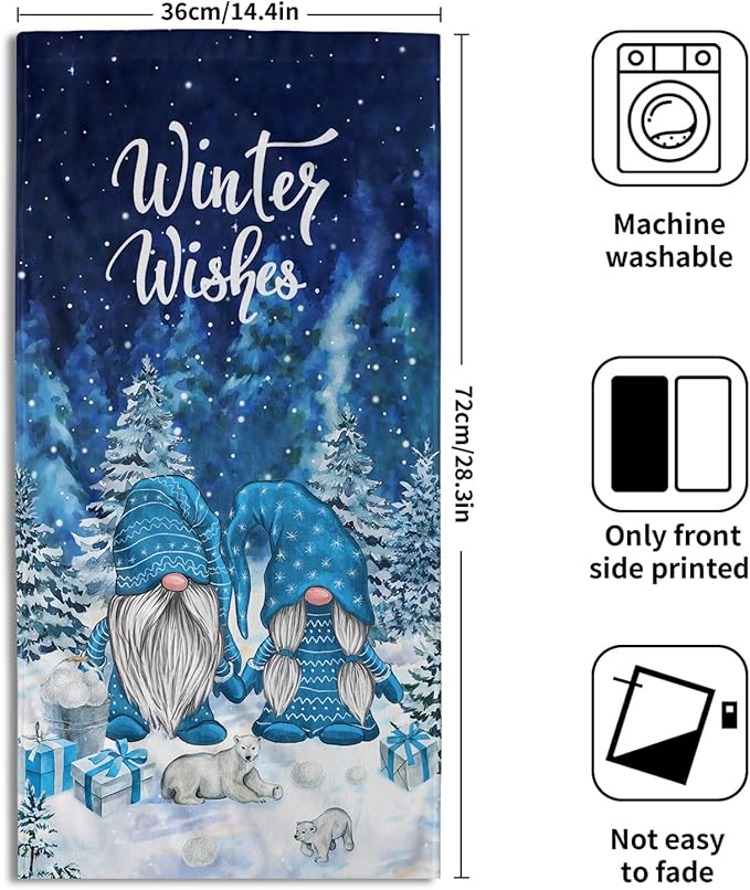 Giwawa Winter Gnomes Hand Towels Blue Pine Tree Kitchen Dish Towels Set of 2 Soft Face Bathroom Towel Seasonal Decorative for Guest Hotel Spa Gym