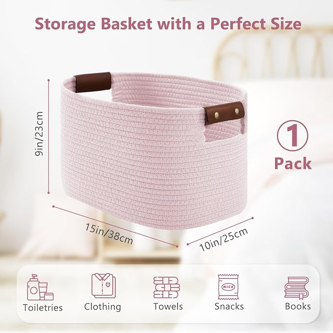ECDYQXVU 15x10x9 Woven Cotton Rope Storage Basket, Leather Handles 1 Pack | Foldable Design, Sturdy PU Handles, Easy to Clean Organizer for Living Room, Closet, Shelves, Bedroom, Laundry, Clothes