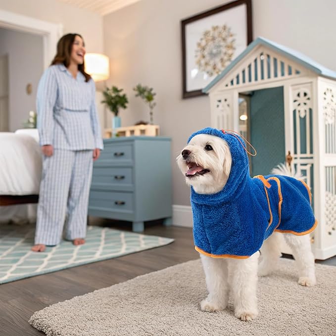 EXPAWLORER Soft Dog Bathrobe with Hood, Super Absorbent & Quick-Drying Dog Towels, Cozy Drying Coat for After Bath,Swimming, Blue L