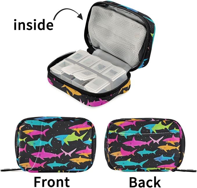 Fustylead Bright Color Shark Silhouette Design Travel Pill Organizer Case Zipper for Purse with Removable Weekly Pill Box for Medicine, Vitamin, Supplement Medicine Organizer