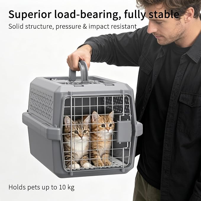 Airline-Approved Pet Carrier: Hard-Sided Crate for Cats & Dogs | Secure Metal Locking Door / Multi-Side Ventilation / Top Carry Handle / Lightweight Durable Shell / Includes Travel Bowl