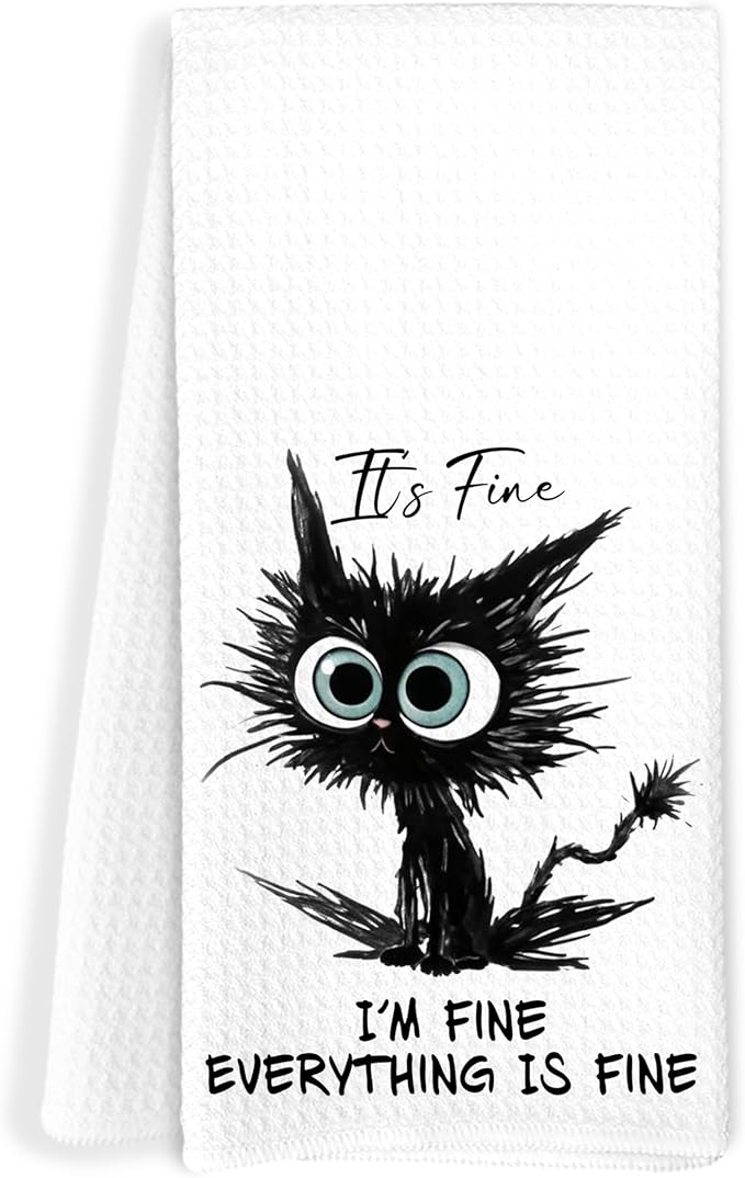 Cat Hand Towels for Bathroom, It's Fine I'm Fine Everything is Fine Funny, Humor, Cat Kitchen Towels, Cat Towels for Cat Lovers Gifts, Black Cat Dish Towels Tea Towels for Kitchen, 16x24 Inch