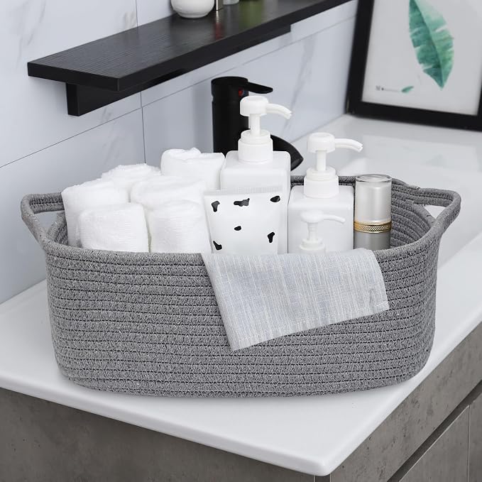 ABenkle Small Storage Basket with Handles, Cotton Rope Woven Dog Cat Toy Bin, Decorative Shelves Closet Organizing for Nursery Laundry Bedroom Bathroom, 14.2''x 11''x 5.1''