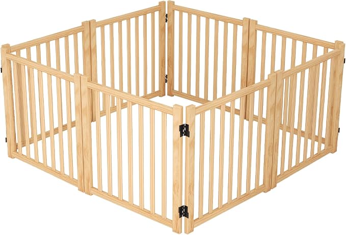 YOCAN Non-Painted Wooden Freestanding Dog Gate - 8 Panel 23" | Pet Gate for Indoor Use, Dog Fence for Doorways, Stairs & House, Step-Over Design, Easy to Install