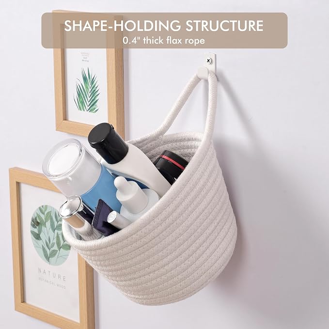 Fabric Wall Hanging Baskets - 3Pack Woven Pouchs Boho Style Wall Mounted Bag with Adhesive Hooks, Storage Organizers and Decoration Pocket Caddy Bins on Door Rack (White & White, Large) | Wall Small Bags with Adhesive Hooks, Cotton Rope, Boho Decorativ...