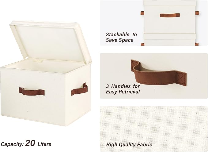 StorageWorks Fabric Storage Bins with Lids, Closet Storage Bins | Flip-Top Lid, 3 Handles, Collapsible, Stackable, for Clothes Blankets, Multi-Purpose, Large, Ivory White, 2-Pack