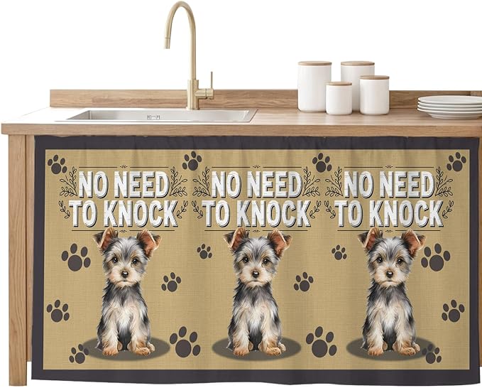 NO Need to Knock Sink Skirt for Bathroom, Self-Adhesive Under Sink Curtain, Terrier Puppy Paw Prints Pet Lover Farmhouse Hide Pipes & Storage Fabric Cabinet Skirt Cover for Kitchen Laundry 32"x55"