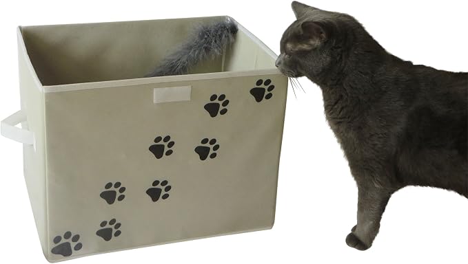 Large Dog Toys Storage Box. 16" x 12" inch Pet Toy Storage Basket with Lid. Perfect Collapsible Canvas Bin for Cat Toys and Accessories Too! (Tan)