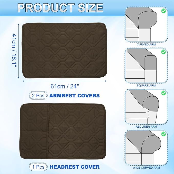 uxcell 3Pcs Sofa Armrest Covers, Armchair Covers with Side Storage Pocket Waterproof Recliner Chair Protector Anti-Slip Couch Arm Headrest Protect for Home Living Room, Coffee Brown