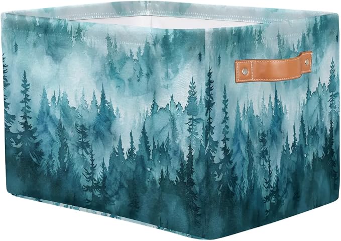 Pardick Forest Storage Baskets Bin Canvas Storage Bin Collapsible Baskets Toy Organizer Rectangle Storage Boxes with Handles for Home Shelves Nursery, 1Pack