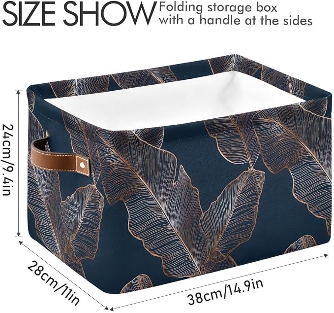 susiyo Gold Palm Leaves Navy Blue Closet Storage Bins with PU Handles, Foldable Fabric Storage Baskets for Shelves, Decorative Baskets Clothes Storage Baskets for Organizing-2Pack
