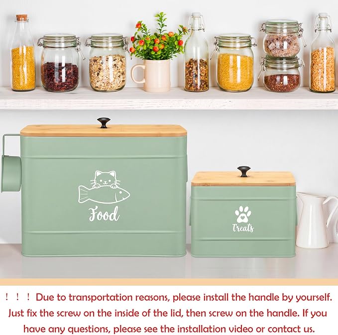 Reallnaive 2 Pcs Large Metal Cat Food Storage Containers 12+3.5 Lbs Decorative Pet Treat Snack Jars Airtight Bamboo Lids & Dry Food Scoop for Farmhouse Kitchen Counter Decor, Pet Owner Gifts(Green)