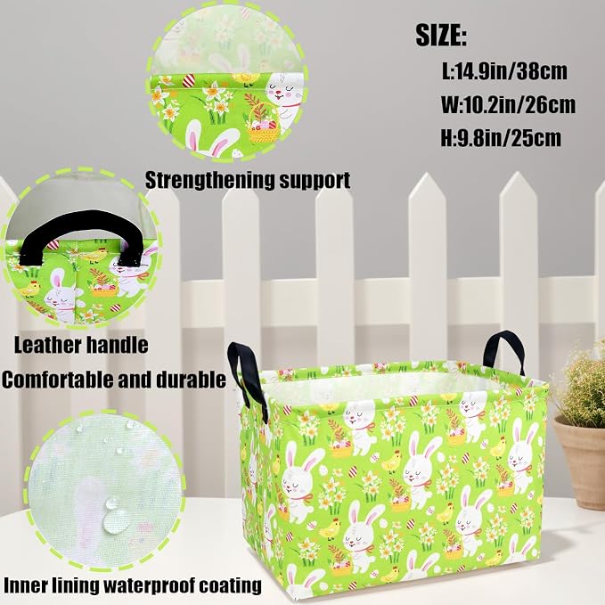 Large Empty Easter Basket for Kid Fabric Personalized Bunny Eggs Easter Gift Basket for Boy and Girl (Rabbit Chicken Green Bottom)