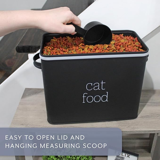 AuldHome Design Farmhouse Cat Food Container (Black) Enamel Look Rustic Cat Food Bin with Scoop