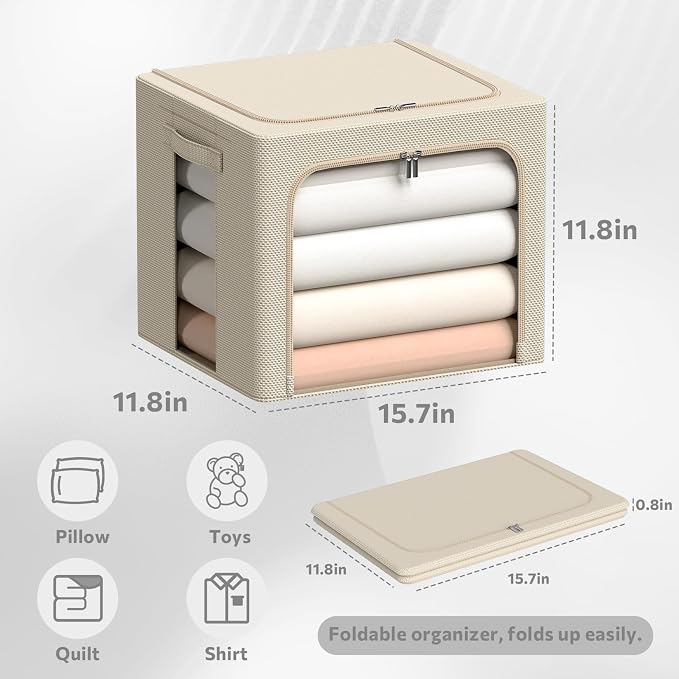 CYhom 3Pack Frame Storage Box - Clothes Storage Bin Bags Oxford Fabric Foldable Stackable Container Organizer Set with Clear Window & Carry Handles (Beige, X-Small-36L)