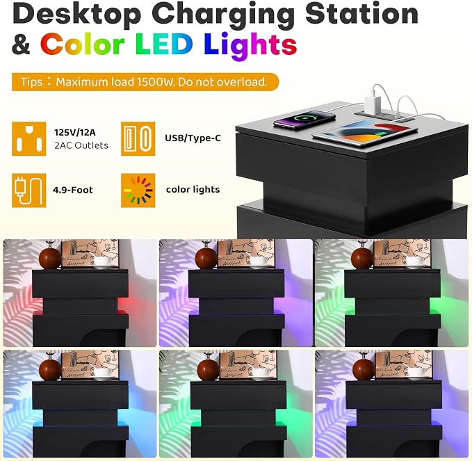 18" Pet Nightstand Charging LED Cat Cave Storage Drawer Side Table Black | Built-in charging: 2 AC outlets, 2 USB-A & Type-C ports, LED soothes pets at night, cushioned cave, drawer stores supplies
