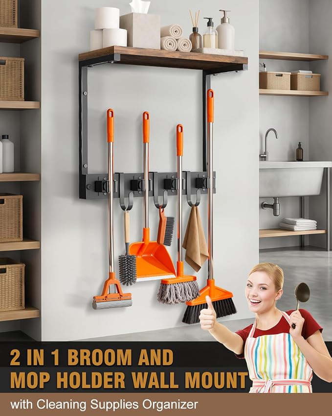 Supforce Small Broom Holder Wall Mount with Shelf, 4 Slots 3 Hooks | Black, 2-In-1 Wall Mount Stores Brooms/Mops, Cleaning Supplies With 4 Grippers/3 Hooks And A Sturdy Wooden Top Shelf