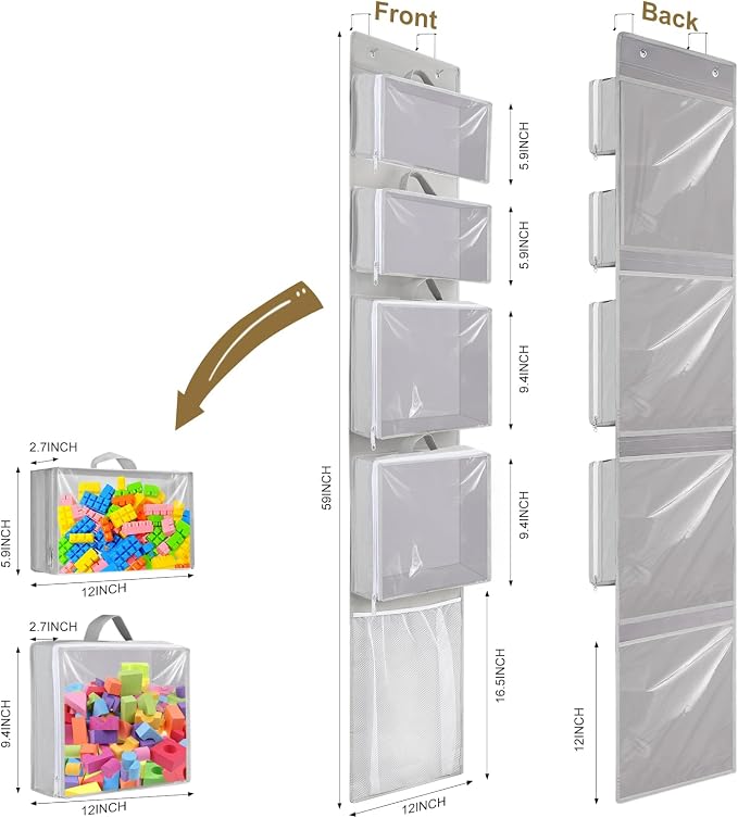 Over Door Toy Organizer, Hanging Stuffed Animal Storage with Removable Bags | Gray Toy Storage Case Behind Door for Block, Puzzle, Bi-Fold Closet Holder Idea with Mesh Pocket, Kid Boy Girl Nursery Room