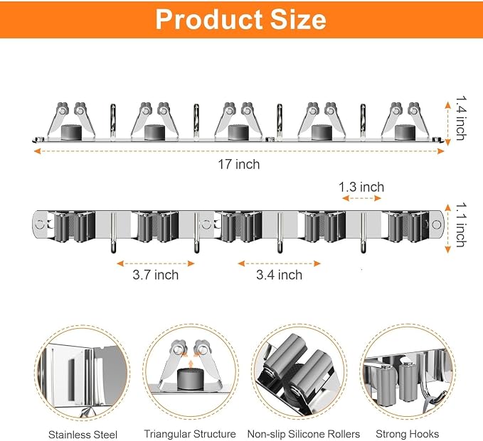 CUXIXA Broom and Mop Organizer Wall Hanging, Upgraded Mop and Broom Holder Wall Mount, Stainless Steel Broom Hanger Wall Mount for Laundry Room Organization and Storage（5 Racks with 4 Hooks）