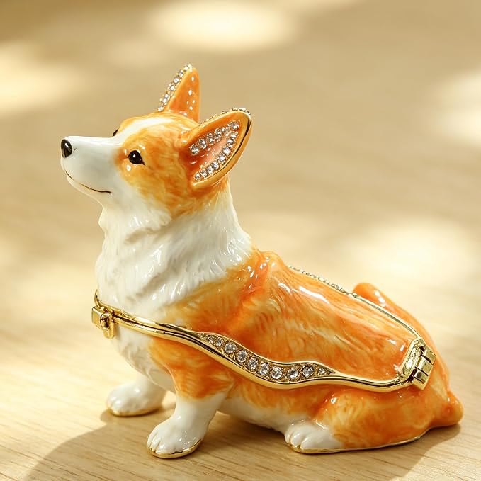 Hand Painted Rhinestone Welsh Corgi Enamel Trinket Box, Hinged Metal Vintage Jewelry Organizer