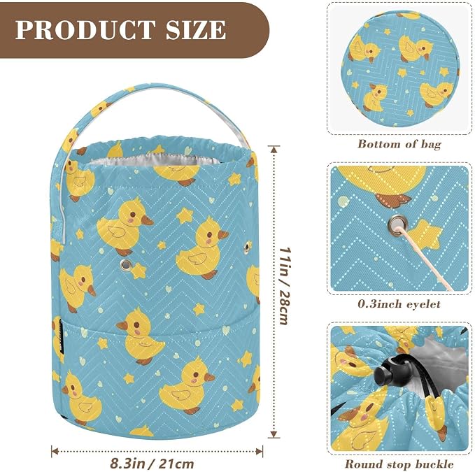 Fustylead Cute Yellow Duck and Hearts Stars Knitting Yarn Storage Tote Basket, Durable Polyester Large Crochet Drawstring Bag for Crocheting Project, Sewing Supplies, Needles