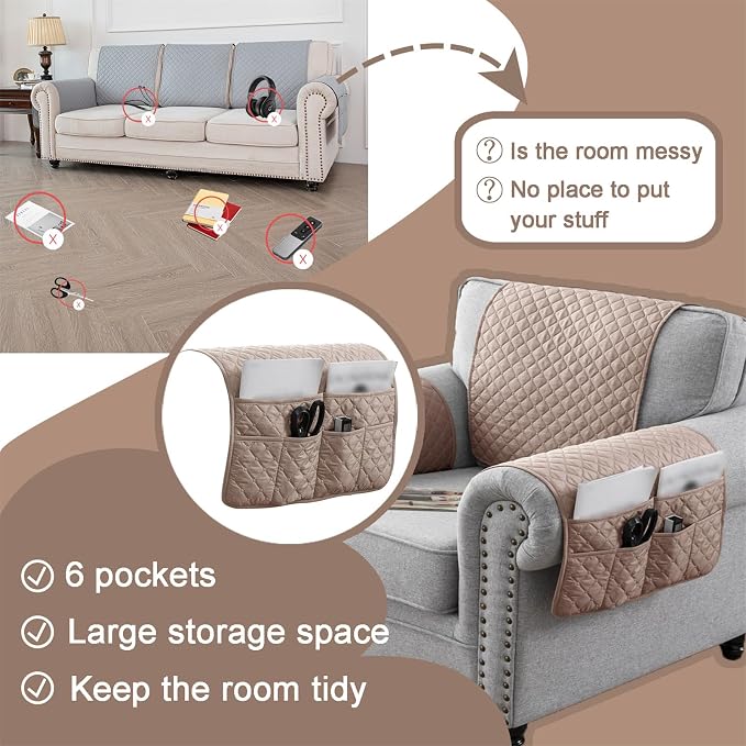 Water-Resistant Sofa Armrest and Headrest Covers with Side Pocket | Keep remotes close quilted polyester helps guard against wear, pet scratches, and kids' messes silicone backing adds grip