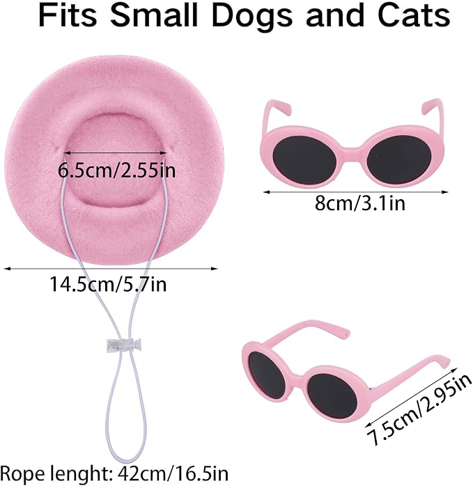 Dog Beret Set Including Dog Beret Satin Scarf Funny Glasses Pet French Artist Beanie for Small Dogs Cats Halloween Christmas Cosplay Party(Pink)