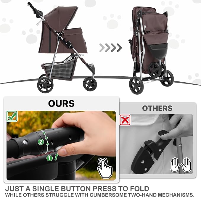 MoNiBloom Pet Stroller for Small/Medium Dogs and Cats up to 33 lbs, Coffee | Foldable Dog Stroller 3 Wheels Pet Strolling Cart w/ Storage Basket Cup Holder, Breathable and Visible Mesh for All-Season