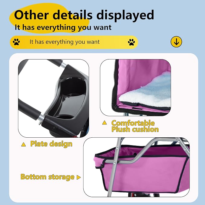 FDW Pet Stroller 4-Wheel Dog Cat Stroller Travel Folding Carrier Puppy Stroller with Cup Holder and Removable Liner for Small Medium Dogs Cats, Pink